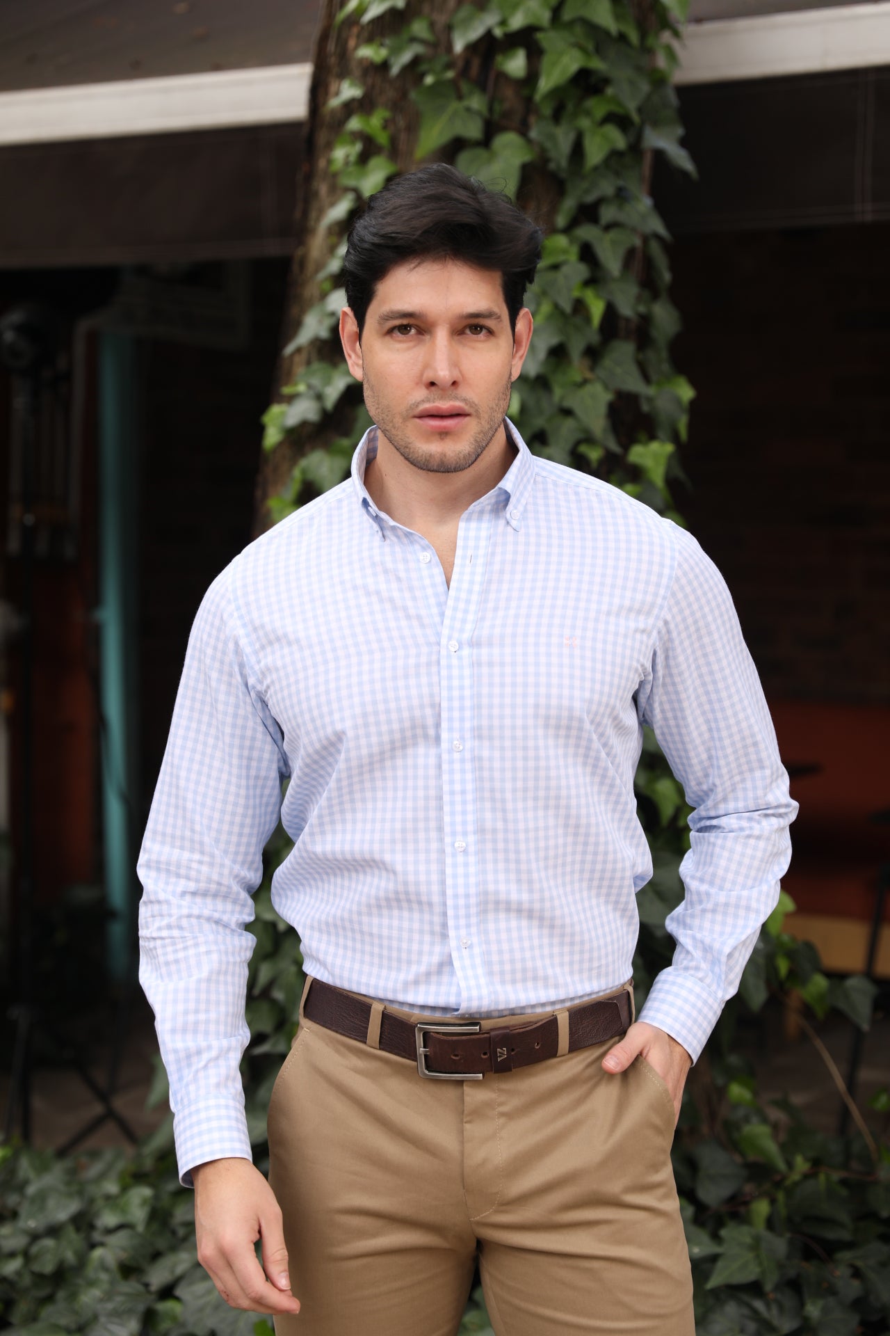 Camisa ML Boa Cuadros Med Azul Cielo - Blanco BD L-LPNK